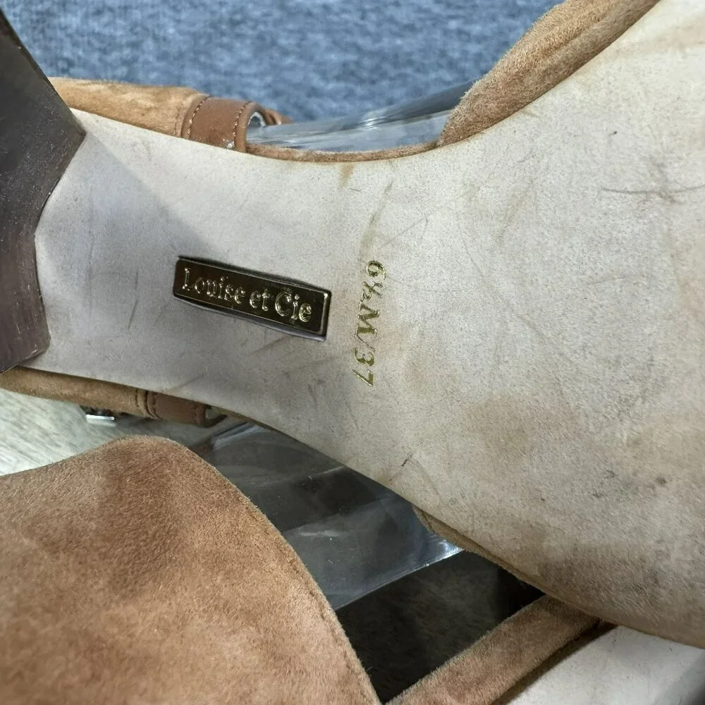 Louise Et Cie 37 /  6.5M Brown tan Suede Peep Toe Heels Ankle Strap Stacked heel